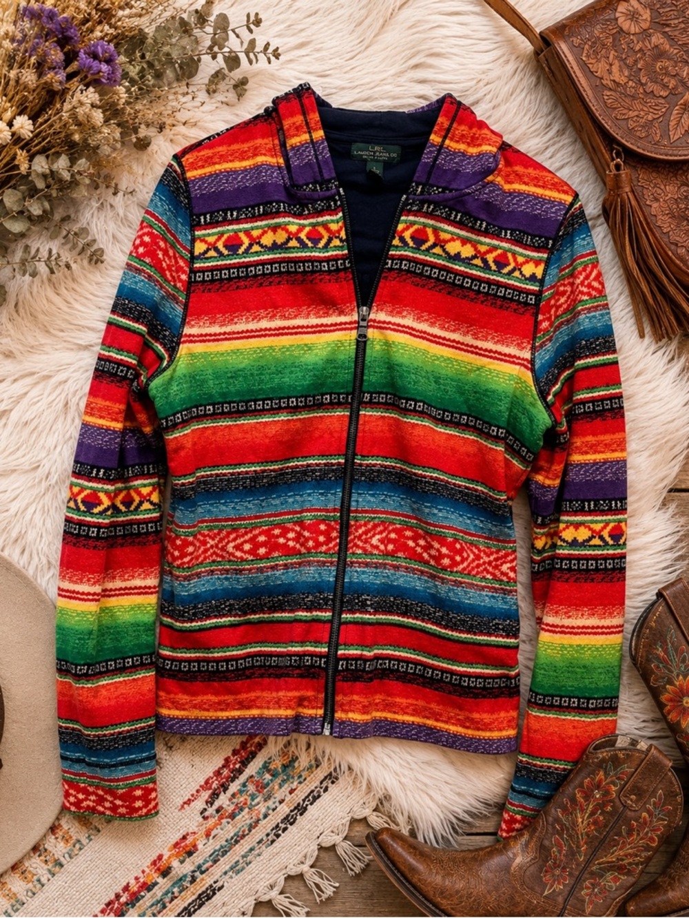 Lauren Ralph Lauren Serape Stripe Zip Hoodie Jacket Southwestern Baja Large Boho